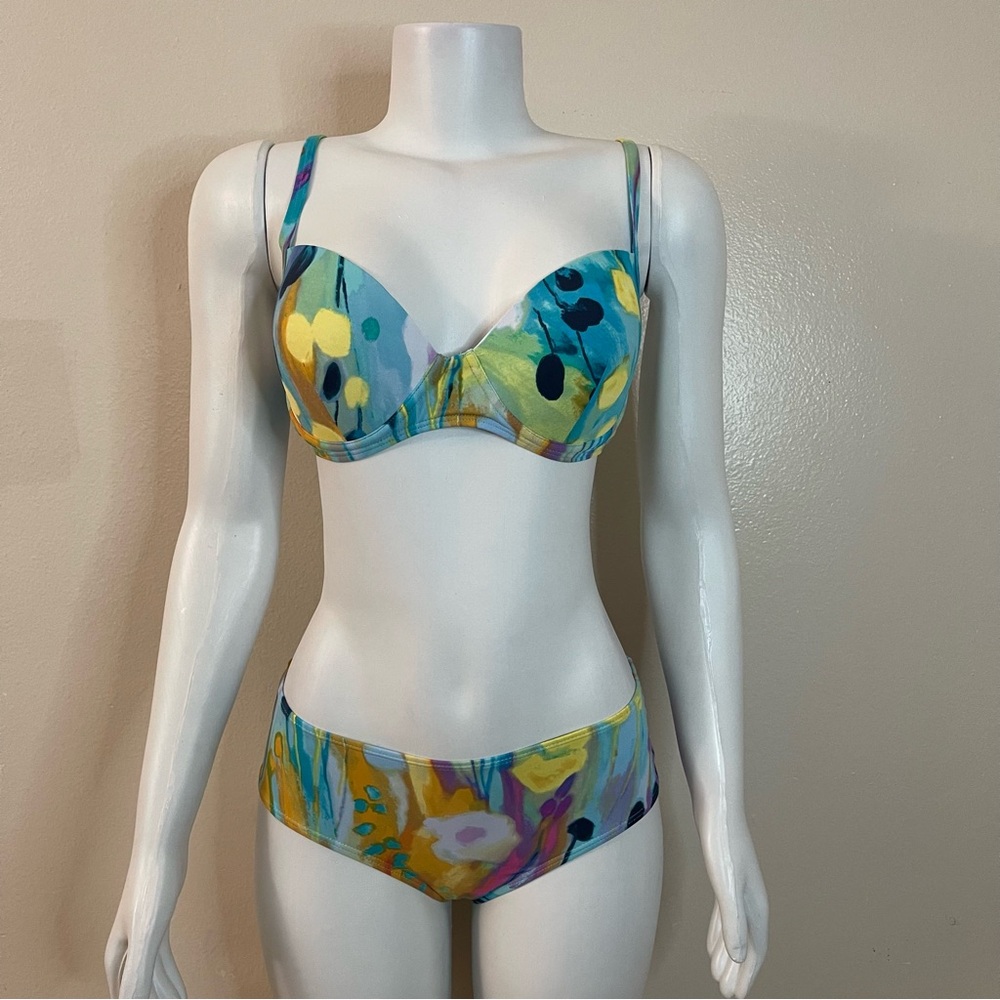 Blue multi color swimwear  top and bikini bottom set